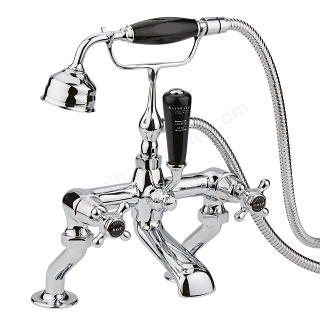 Bayswater Crosshead Deck Mounted 2 Tap Hole Domed Bath Shower Mixer - Chrome & Black