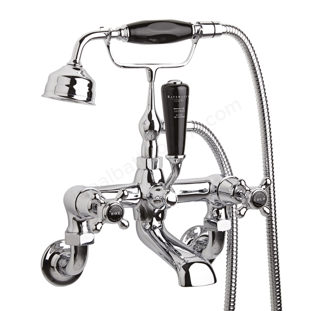 Bayswater Crosshead Wall Mounted 2 Tap Hole Domed Bath Shower Mixer - Chrome & Black