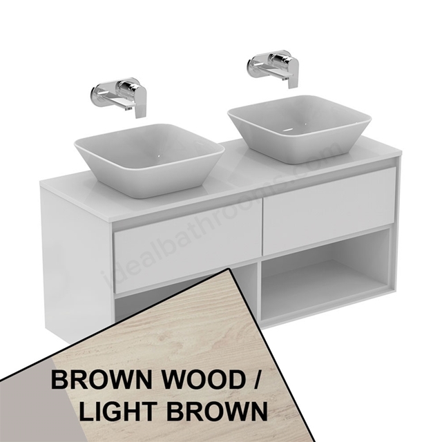 Ideal Standard Connect Air Wall Hung Vanity Unit Only; 2 Drawers + Open Shelf; 1200mm Wide; Light Brown Wood / Matt Light Brown