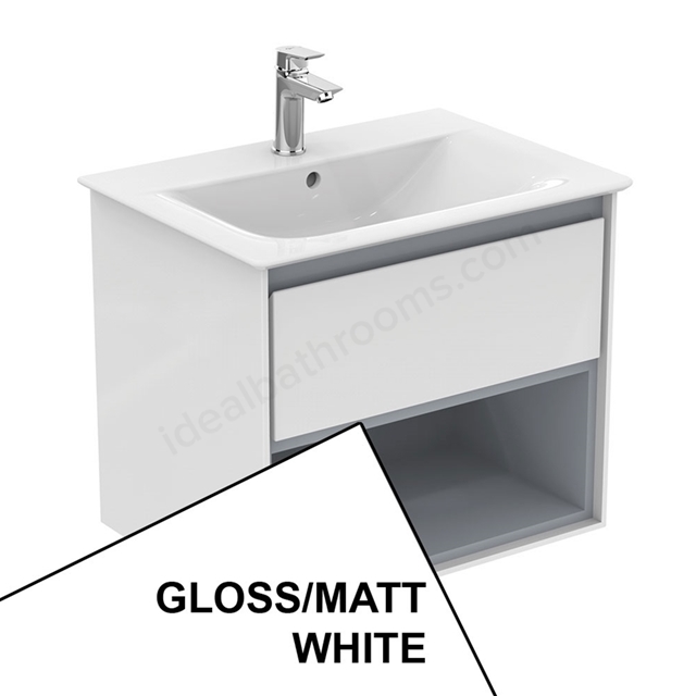 Ideal Standard Connect Air 600mm Wall Hung Vanity Unit Only; 1 Drawer + Open Shelf - Gloss White / Matt White