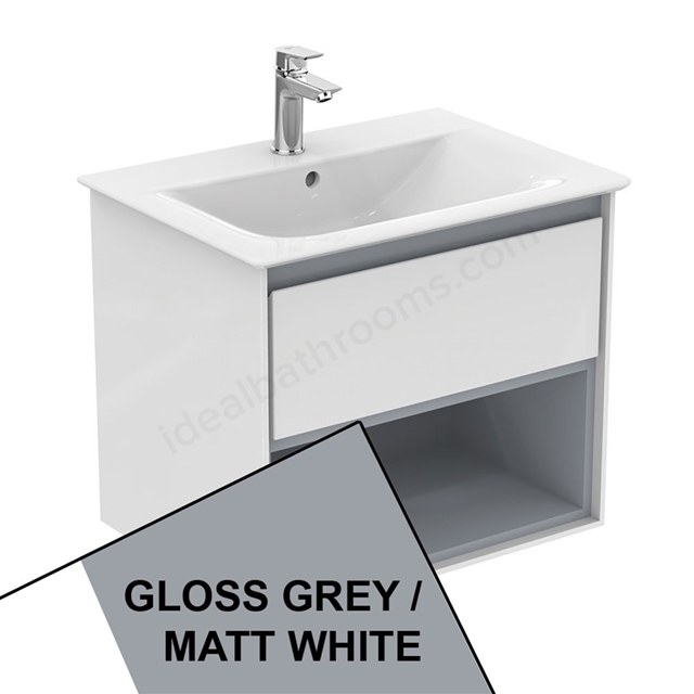 Ideal Standard Connect Air 600mm Wall Hung Vanity Unit Only; 1 Drawer + Open Shelf - Gloss Grey / Matt White