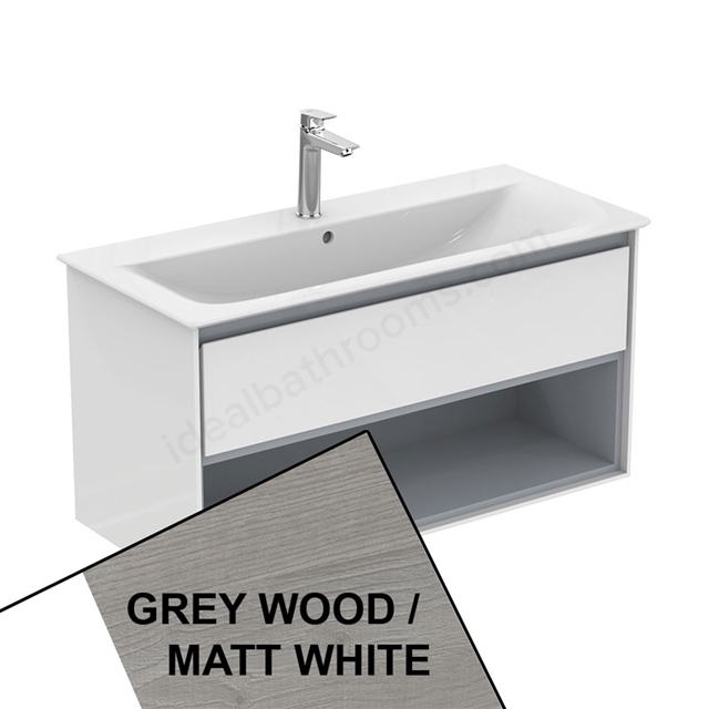 Ideal Standard Connect Air Wall Hung Vanity Unit Only; 1 Drawer + Open Shelf; 1000mm Wide; Light Grey Wood / Matt White