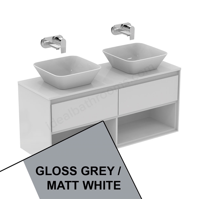 Ideal Standard Connect Air Wall Hung Vanity Unit Only; 2 Drawers + Open Shelf; 1200mm Wide; Gloss Grey / Matt White
