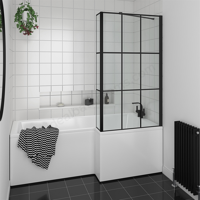 Essential Kensington 1500x850mm L Shape Shower Bath Pack w/ Bath Front Panel & Matt Black Matrix Bath Screen; Right Handed; 0 Tap Holes