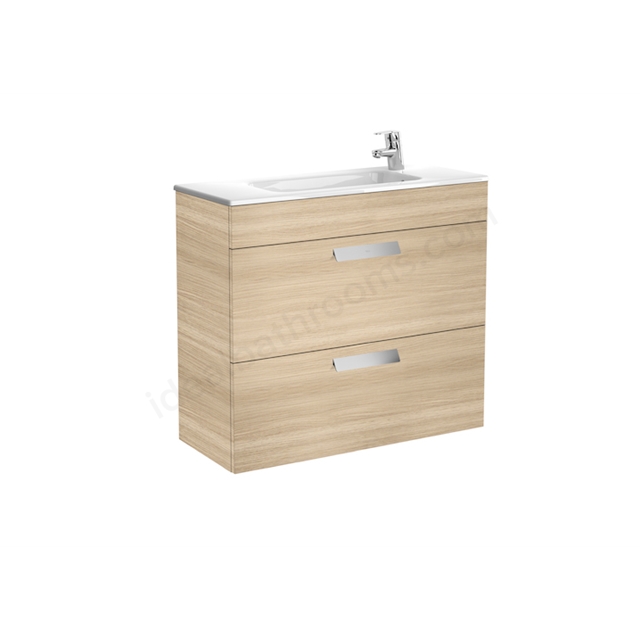 Roca Debba Compact Wall Hung; 2 Drawer; 805mm Wide Washbasin Unit with Basin; 1 Tap Hole - Oak