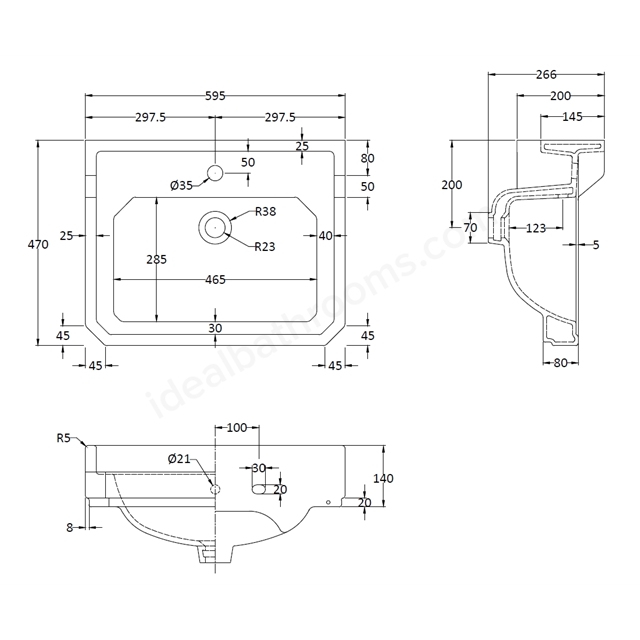 Bayswater Fitzroy 595mm Pedestal Basin; 1 Tap Hole White Ideal