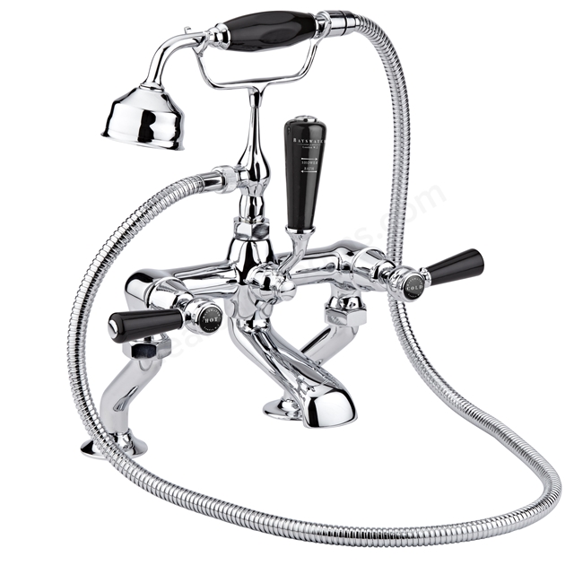Bayswater Lever Deck Mounted 2 Tap Hole Hex Bath Shower Mixer - Chrome & Black
