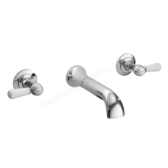 Bayswater Lever Wall Mounted 3 Tap Hole Domed Bath Filler - Chrome & White