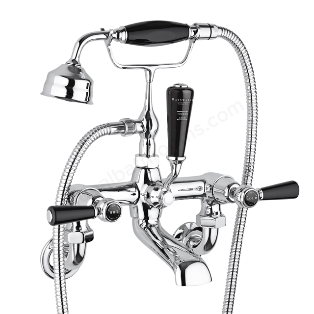 Bayswater Lever Wall Mounted 2 Tap Hole Hex Bath Shower Mixer - Chrome & Black
