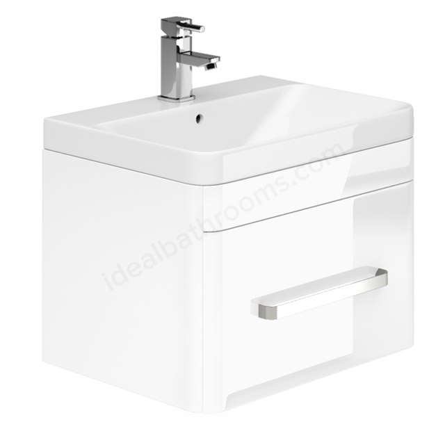Essential VERMONT Wall Hung Washbasin Unit + Basin; 1 Drawer; 600mm Wide; White Gloss