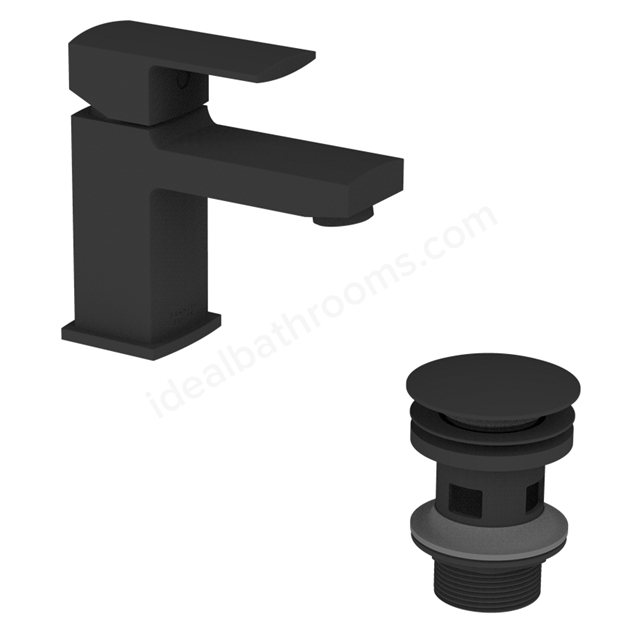 Essential Paron Matt Black Mono Basin Mixer With Click Waste  1 Tap Hole Matt Black