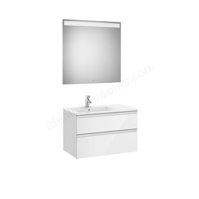 Roca The Gap 2 Drawer; 800mm Wide; Left Handed Washbasin Unit & Mirror - Gloss White
