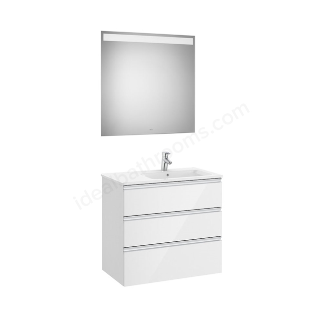 Roca The Gap 3 Drawer; 800mm Wide; Right Handed Washbasin Unit & Mirror - Gloss White