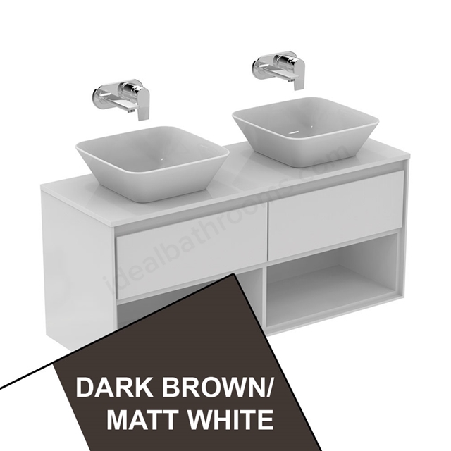 Ideal Standard Connect Air Wall Hung Vanity Unit Only; 2 Drawers + Open Shelf; 1200mm Wide; Matt Dark Brown / Matt White