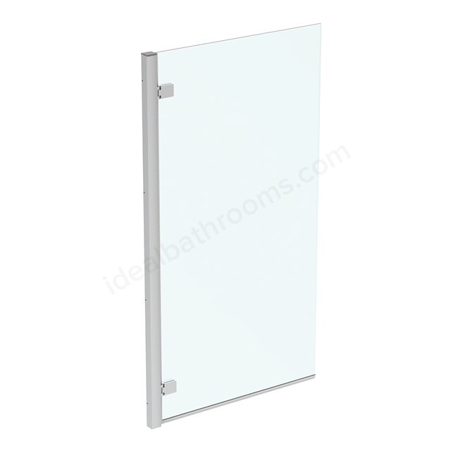 Ideal Standard i.life 815mm x 1500mm hinged bath screen with IdealClean clear glass; bright silver finish wall profile; left hand