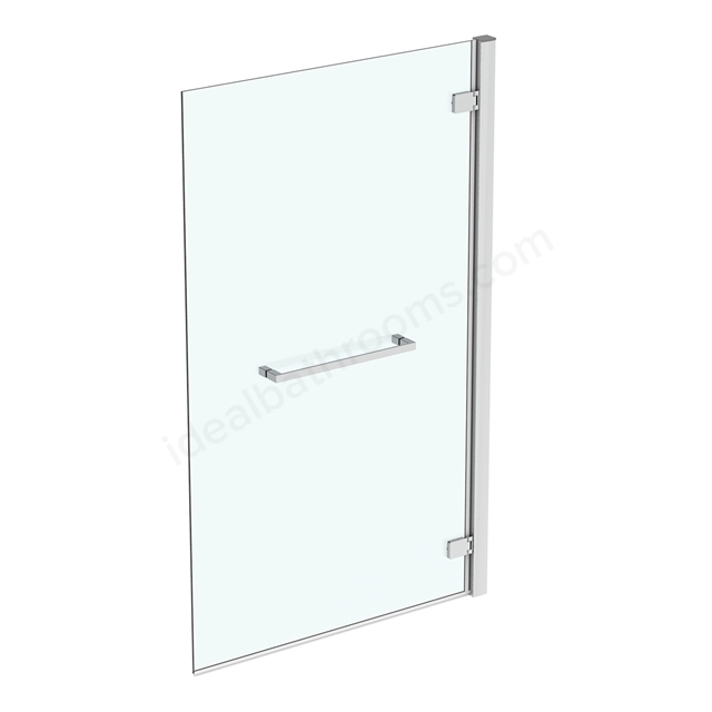 Ideal Standard i.life 815mm x 900mm hinged bathscreen with towel rail; IdealClean clear glass and bright silver finish wall profile; right hand