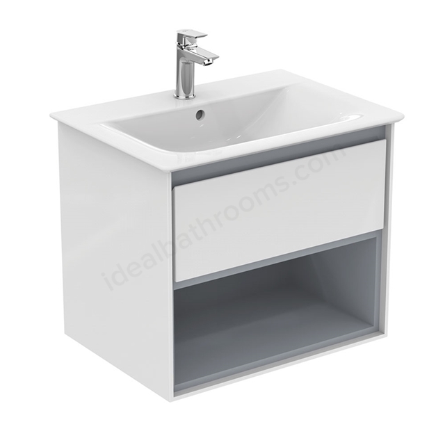 Ideal Standard Connect Air 600mm Wall Hung Vanity Unit Only; 1 Drawer + Open Shelf - Gloss White / Matt Grey
