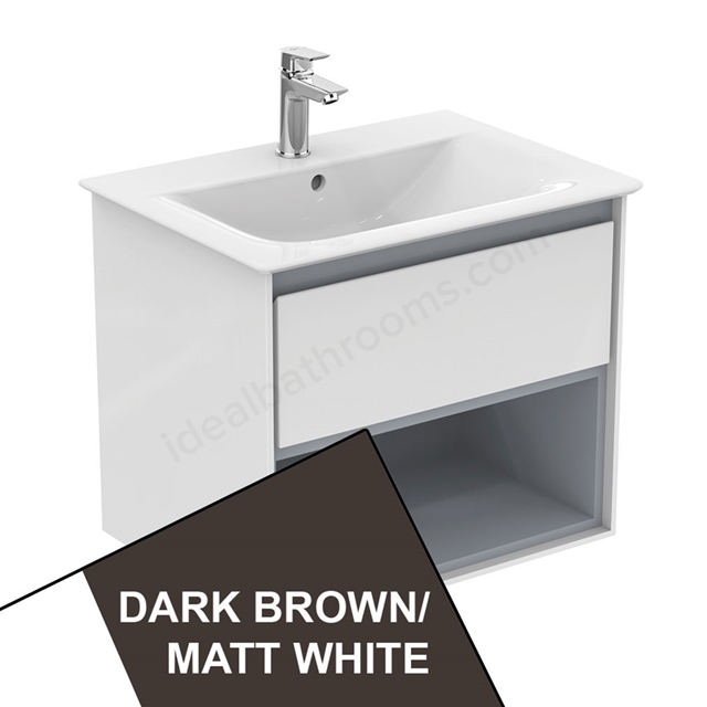 Ideal Standard Connect Air 600mm Wall Hung Vanity Unit Only; 1 Drawer + Open Shelf - Matt Dark Brown / Matt White