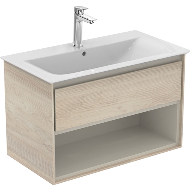 Ideal Standard Connect Air 800mm Wall Hung Vanity Unit Only; 1 Drawer + Open Shelf - Light Brown Wood / Matt Light Brown