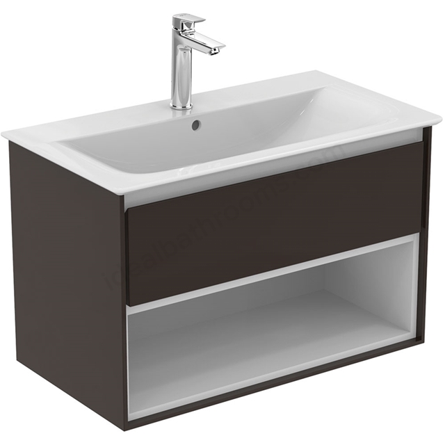 Ideal Standard Connect Air 800mm Wall Hung Vanity Unit Only; 1 Drawer + Open Shelf - Matt Dark Brown / Matt White