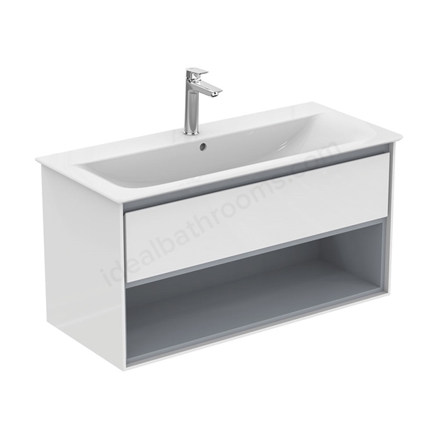 Ideal Standard Connect Air Wall Hung Vanity Unit Only; 1 Drawer + Open Shelf; 1000mm Wide; Gloss White / Matt Grey
