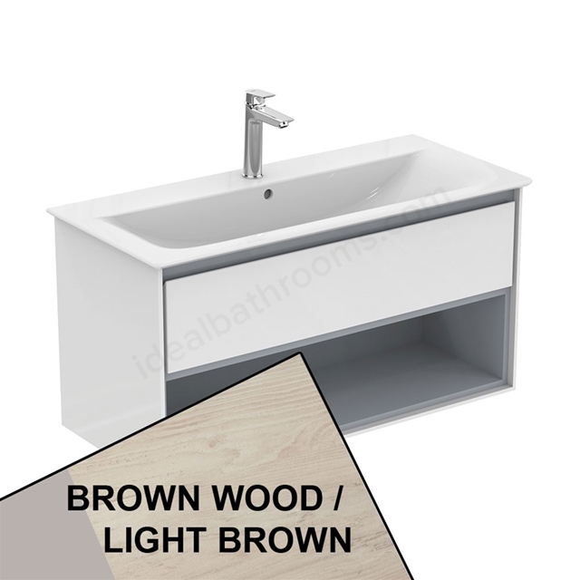 Ideal Standard Connect AIR Wall Hung Vanity Unit Only; 1 Drawer + Open Shelf; 1000mm Wide; Light Brown Wood / Matt Light Brown