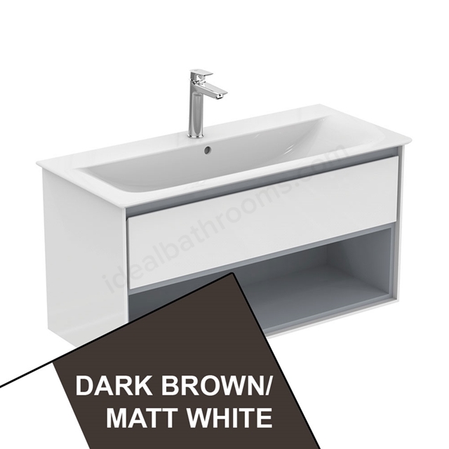 Ideal Standard Connect Air Wall Hung Vanity Unit Only; 1 Drawer + Open Shelf; 1000mm Wide; Matt Dark Brown / Matt White