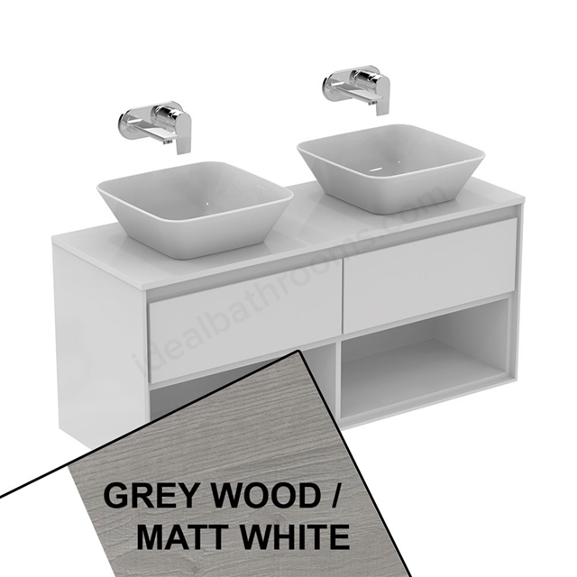 Ideal Standard Connect Air Wall Hung Vanity Unit Only; 2 Drawers + Open Shelf; 1200mm Wide; Light Grey Wood / Matt White
