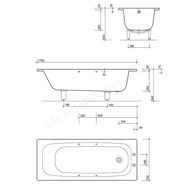 Twyford Celtic Single Ended White Plain Steel Bath With Legs And