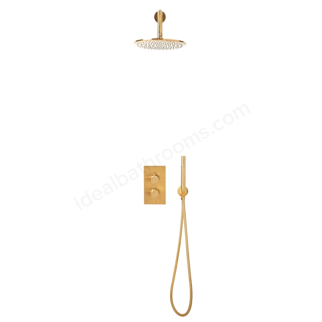 Scudo Core Round Handle Shower arm Drench head Handset & mounting bracket  - Brushed Brass