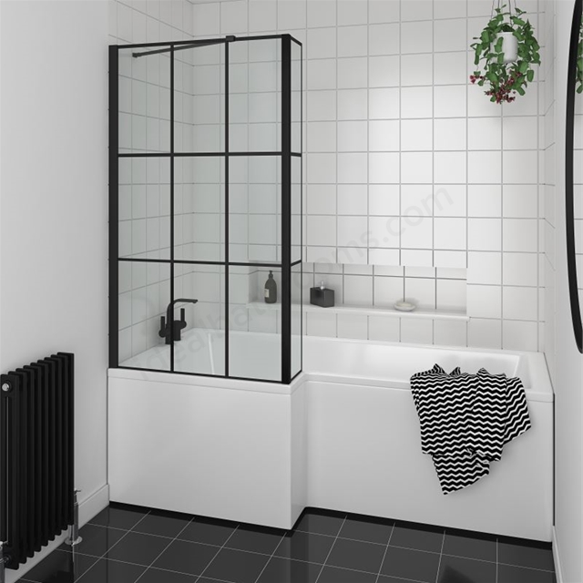 Essential Kensington 1500x850mm L Shape Shower Bath Pack w/ Bath Front Panel & Matt Black Matrix Bath Screen; Left Handed; 0 Tap Holes