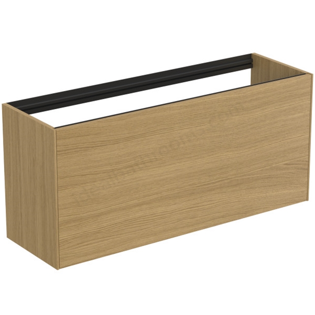 Atelier Conca 120cm wall hung short projection washbasin unit with 1 external drawer & 1 internal drawer; no worktop; light oak