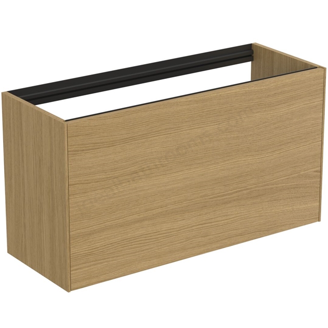 Atelier Conca 100cm wall hung short projection washbasin unit with 1 external drawer & 1 internal drawer; no worktop; light oak