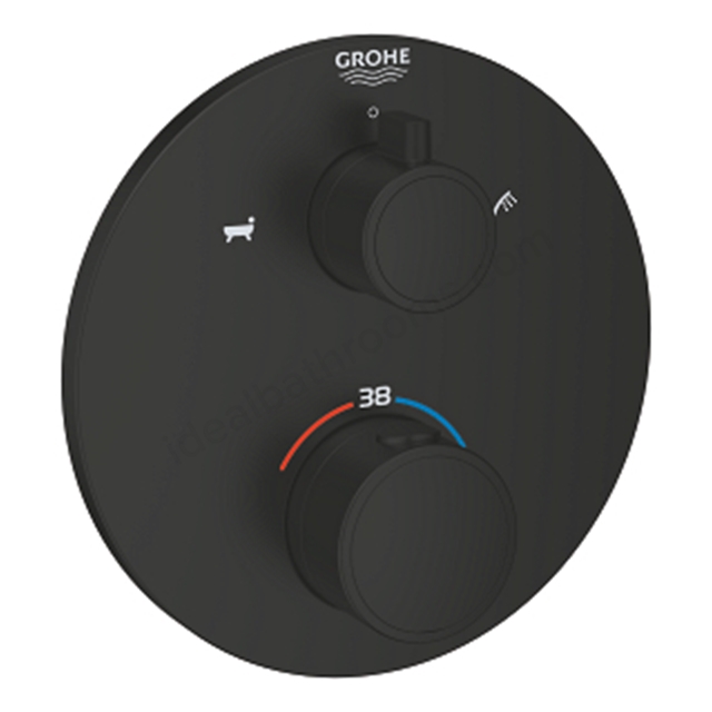 Grohe Grohtherm Round Thermostatic bath tub mixer for 2 outlets with integrated shut off/diverter valve Matte Black