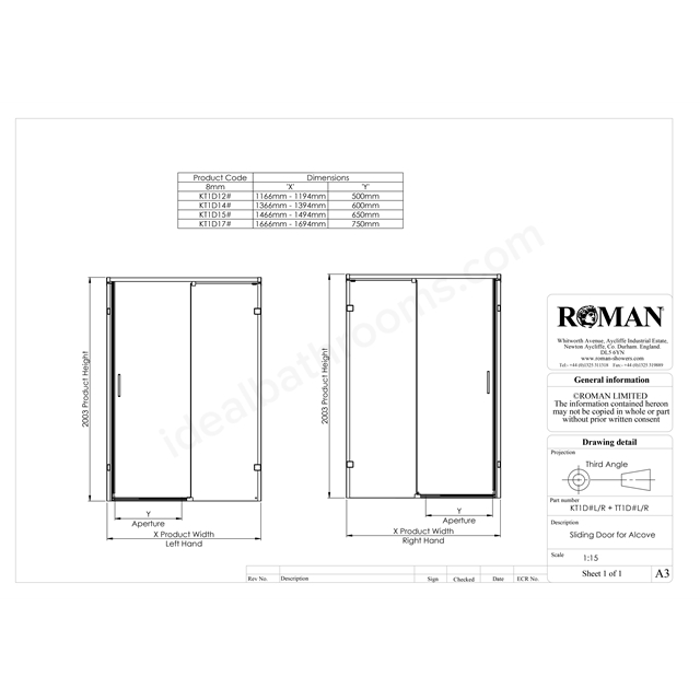 Roman Liberty 8 1400 One Door Slider Alcove - Left Hand - Polished Nickel