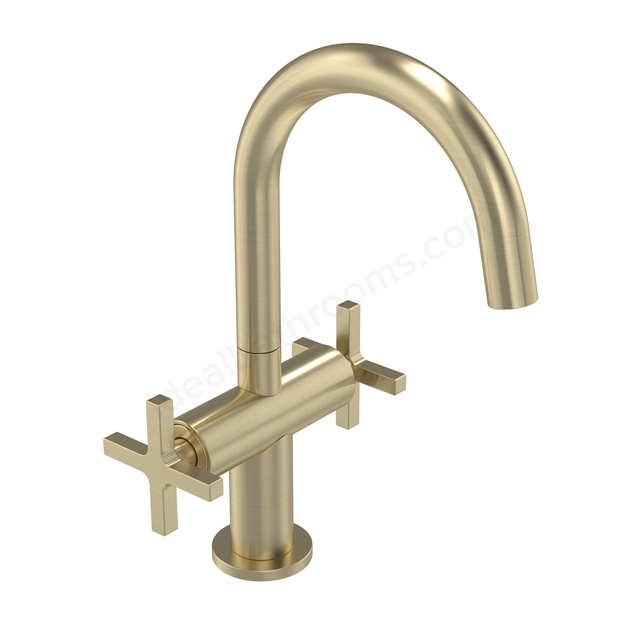Tavistock Cohort Cross Twin Handle Basin Mixer With Click Waste - Brushed Brass