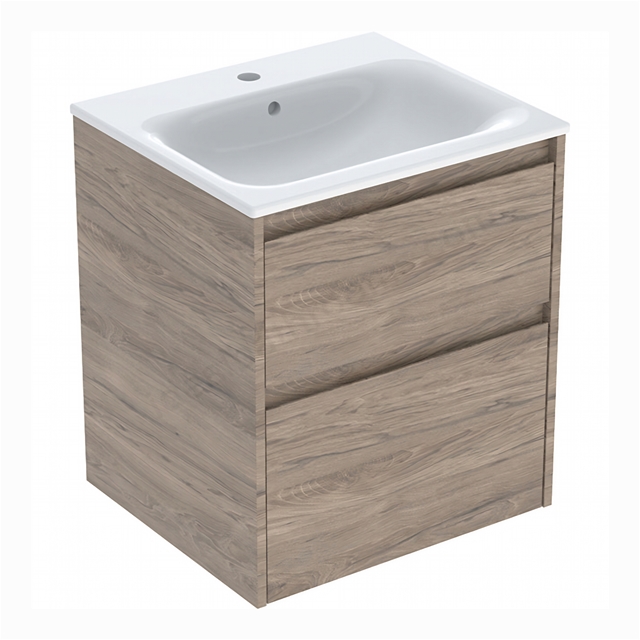 Geberit Selnova 550mmW Slim-Rim Basin & 2-Drawer Cabinet Set; Hickory Melamine