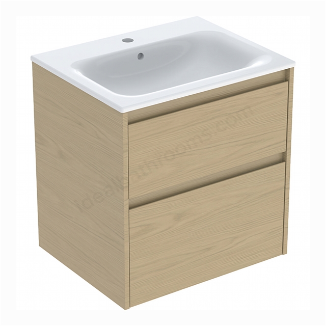 Geberit Selnova 600mmW Slim-Rim Basin & 2-Drawer Cabinet Set; Oak Melamine