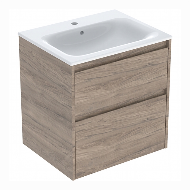 Geberit Selnova 600mmW Slim-Rim Basin & 2-Drawer Cabinet Set; Hickory Melamine