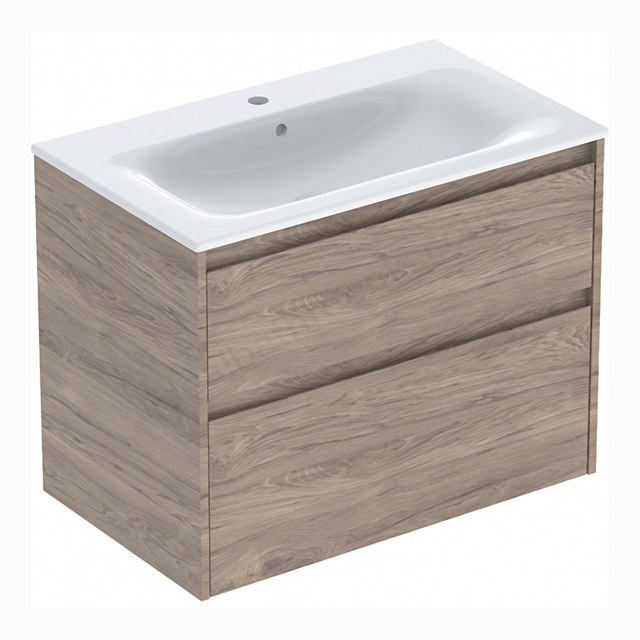 Geberit Selnova 800mmW Slim-Rim Basin & 2-Drawer Cabinet Set; Hickory Melamine