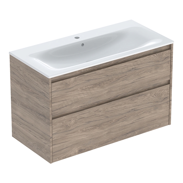 Geberit Selnova 1000mmW Slim-Rim Basin & 2-Drawer Cabinet Set; Hickory Melamine