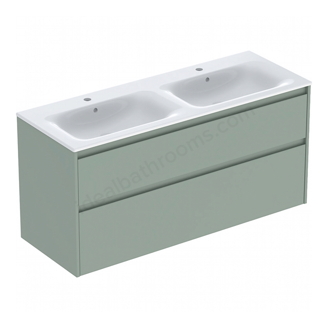 Geberit Selnova Double 1300mmW Slim-Rim Basin & 2-Drawer Cabinet Set; Sage Green Silk Matt