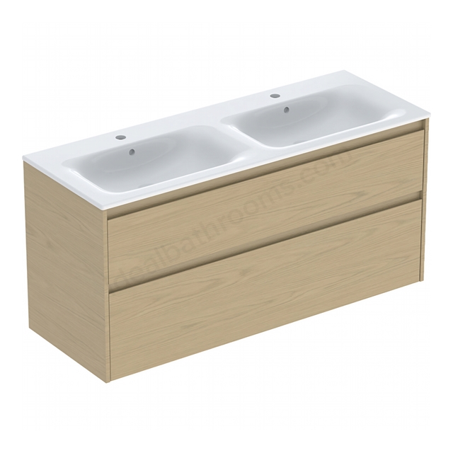 Geberit Selnova Double 1300mmW Slim-Rim Basin & 2-Drawer Cabinet Set; Oak Melamine