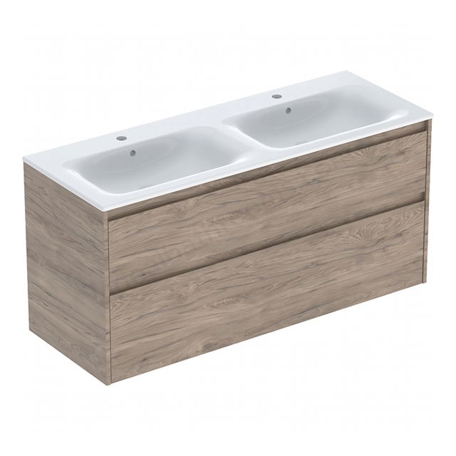 Geberit Selnova Double 1300mmW Slim-Rim Basin & 2-Drawer Cabinet Set; Hickory Melamine